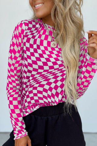 Checkered Mock Neck Long Sleeve Blouse - 1985 the VAULT Boutique