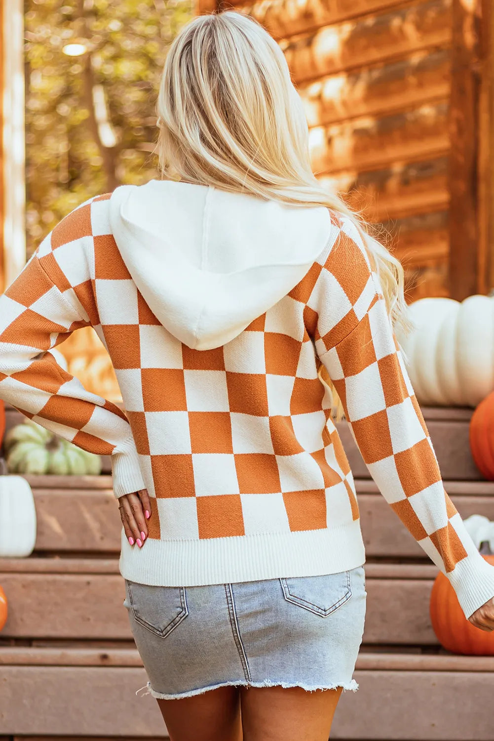 Checkered Long Sleeve Hooded Sweater - 1985 the VAULT Boutique