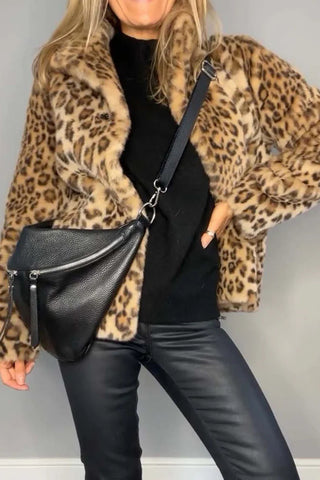 Full Size Leopard Furry Collared Neck Long Sleeve Coat - 1985 the VAULT Boutique