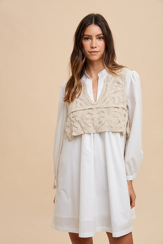 Annie Wear Crochet Vest Notched Long Sleeve Shirt Dress - 1985 the VAULT Boutique