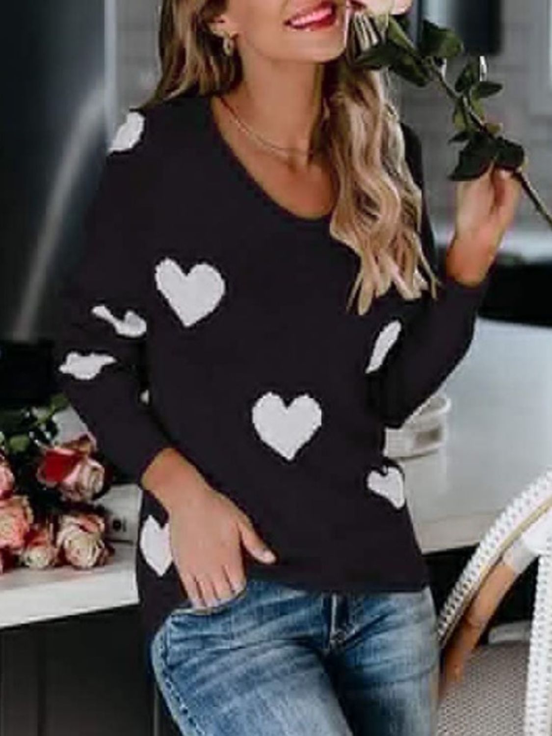 Heart Scoop Neck Long Sleeve Sweater - 1985 the VAULT Boutique