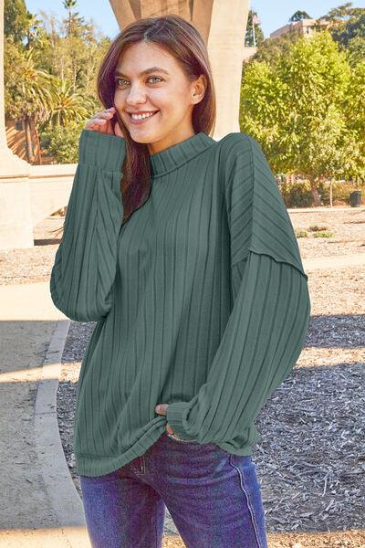 Basic Bae Full Size Ribbed Exposed Seam Mock Neck Knit Top - Happily Ever Atchison Shop Co.