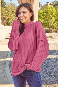 Basic Bae Full Size Ribbed Exposed Seam Mock Neck Knit Top - Happily Ever Atchison Shop Co.