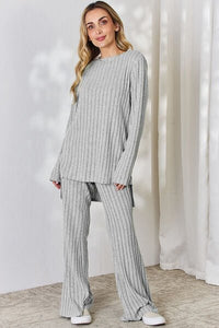 Basic Bae Full Size Ribbed High-Low Top and Wide Leg Pants Set - Happily Ever Atchison Shop Co.