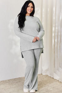 Basic Bae Full Size Ribbed High-Low Top and Wide Leg Pants Set - Happily Ever Atchison Shop Co.