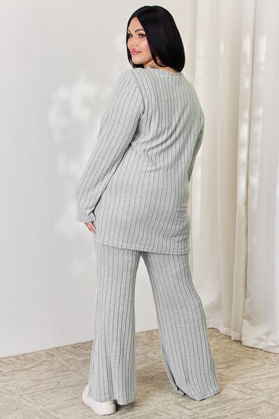 Basic Bae Full Size Ribbed High-Low Top and Wide Leg Pants Set - Happily Ever Atchison Shop Co.