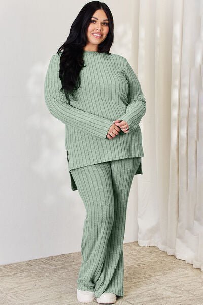 Basic Bae Full Size Ribbed High-Low Top and Wide Leg Pants Set - Happily Ever Atchison Shop Co.