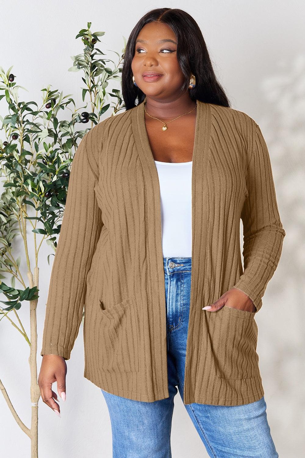 Basic Bae Full Size Ribbed Open Front Cardigan with Pockets - Happily Ever Atchison Shop Co.