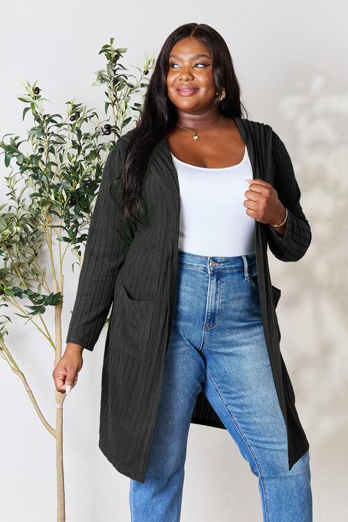 Basic Bae Full Size Ribbed Open Front Long Sleeve Cardigan - Happily Ever Atchison Shop Co.