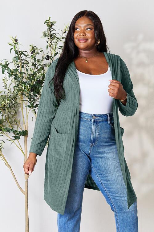 Basic Bae Full Size Ribbed Open Front Long Sleeve Cardigan - Happily Ever Atchison Shop Co.