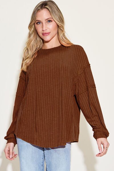 Basic Bae Full Size Ribbed Round Neck Long Sleeve T-Shirt - Happily Ever Atchison Shop Co.