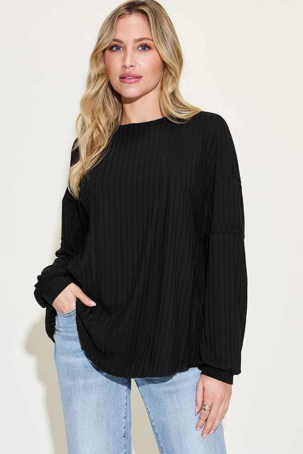 Basic Bae Full Size Ribbed Round Neck Long Sleeve T-Shirt - Happily Ever Atchison Shop Co.