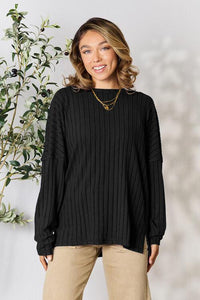 Basic Bae Full Size Ribbed Round Neck Slit Knit Top - Happily Ever Atchison Shop Co.