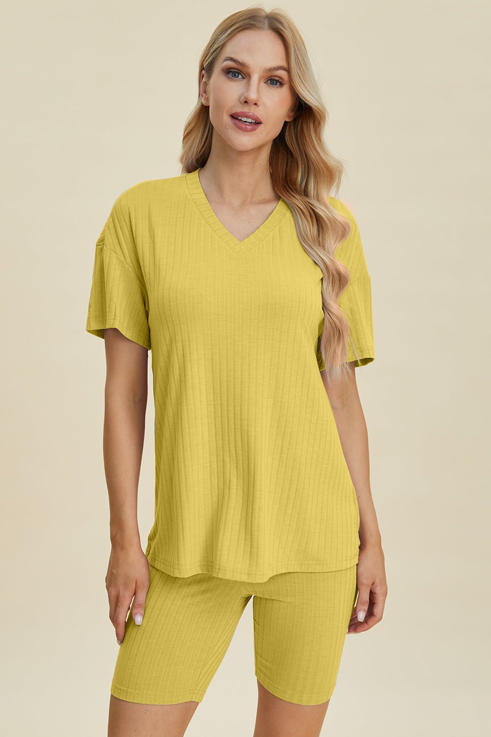 Basic Bae Full Size Ribbed V - Neck Short Sleeve Top and Shorts Set - Happily Ever Atchison Shop Co.