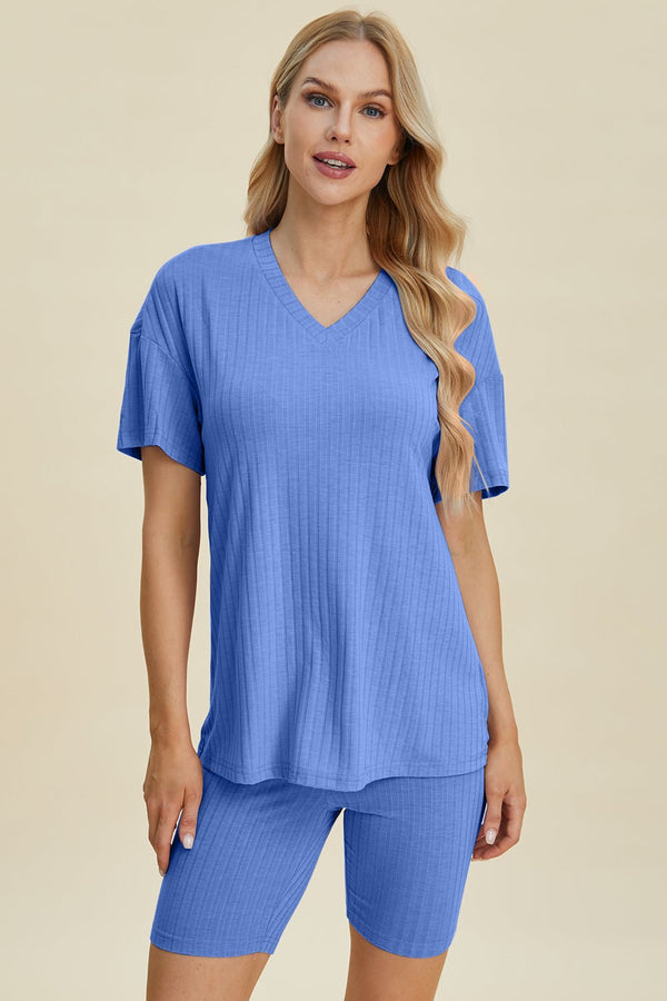 Basic Bae Full Size Ribbed V - Neck Short Sleeve Top and Shorts Set - Happily Ever Atchison Shop Co.