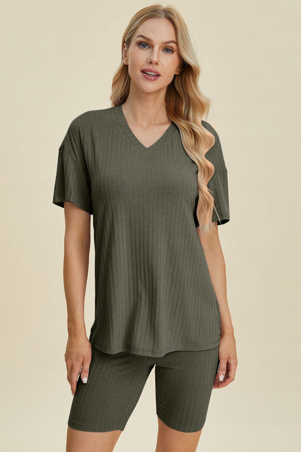 Basic Bae Full Size Ribbed V - Neck Short Sleeve Top and Shorts Set - Happily Ever Atchison Shop Co.