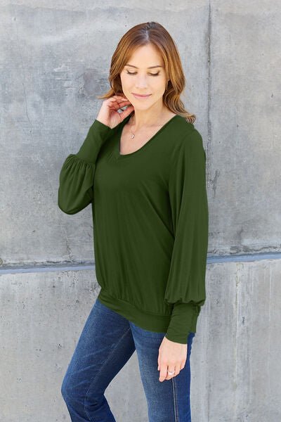 Basic Bae Full Size V-Neck Lantern Sleeve Blouse - Happily Ever Atchison Shop Co.