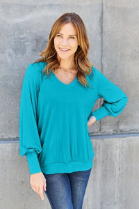 Basic Bae Full Size V-Neck Lantern Sleeve Blouse - Happily Ever Atchison Shop Co.