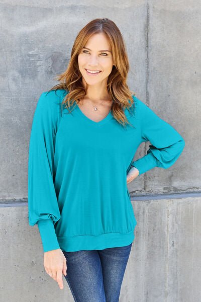 Basic Bae Full Size V-Neck Lantern Sleeve Blouse - Happily Ever Atchison Shop Co.