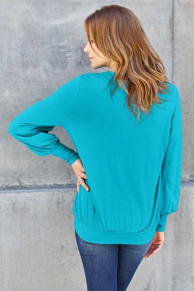 Basic Bae Full Size V-Neck Lantern Sleeve Blouse - Happily Ever Atchison Shop Co.