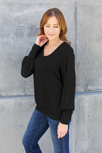 Basic Bae Full Size V-Neck Lantern Sleeve Blouse - Happily Ever Atchison Shop Co.