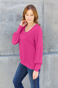 Basic Bae Full Size V-Neck Lantern Sleeve Blouse - Happily Ever Atchison Shop Co.