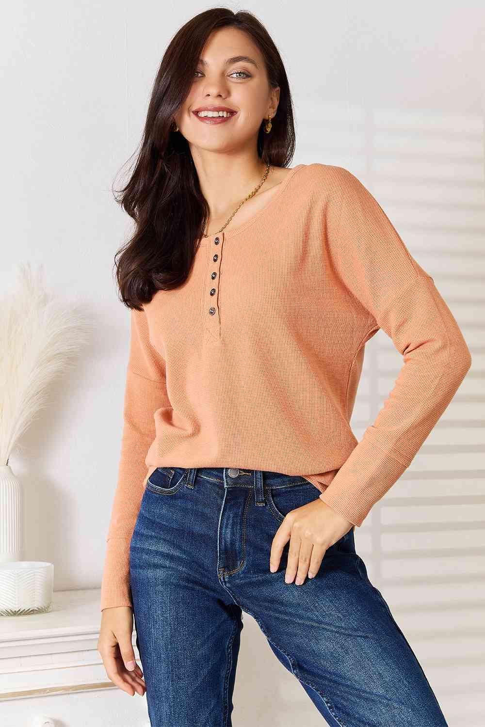 Basic Bae Half Button Long Sleeve Top - Happily Ever Atchison Shop Co.