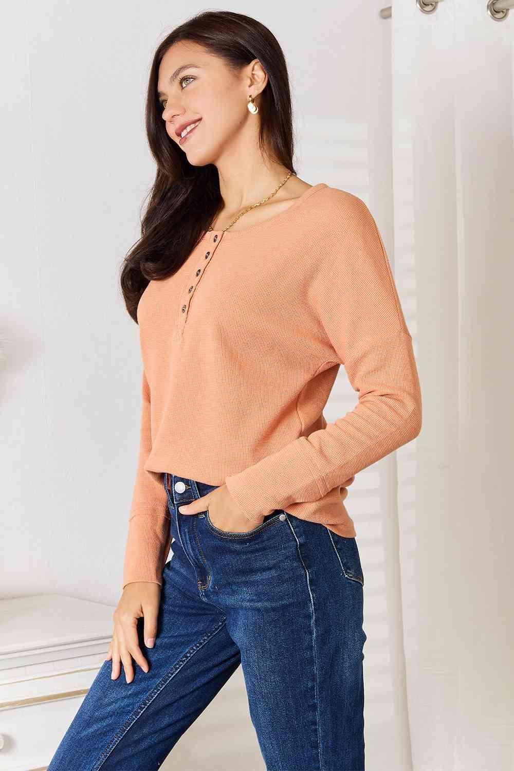 Basic Bae Half Button Long Sleeve Top - Happily Ever Atchison Shop Co.