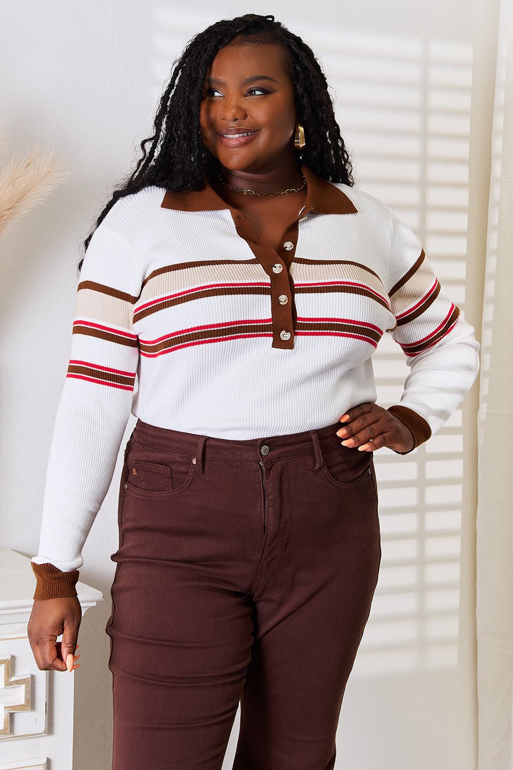 Basic Bae Striped Collared Neck Rib - Knit Top - Happily Ever Atchison Shop Co.