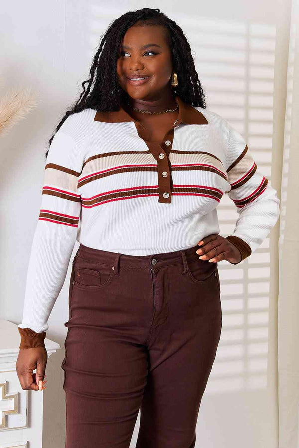 Basic Bae Striped Collared Neck Rib-Knit Top - Happily Ever Atchison Shop Co.