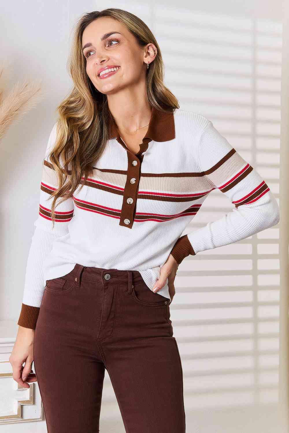 Basic Bae Striped Collared Neck Rib-Knit Top - Happily Ever Atchison Shop Co.