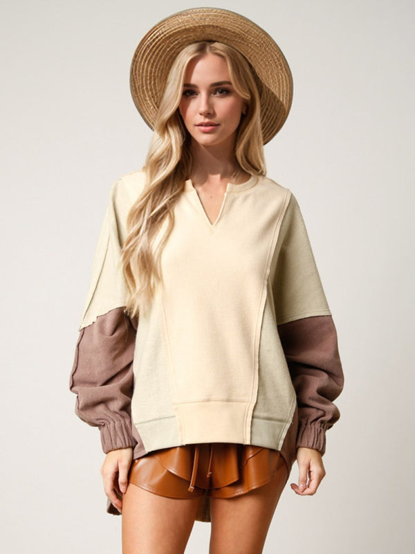 High-Low Contrast Notched Long Sleeve Sweatshirt - 1985 the VAULT Boutique