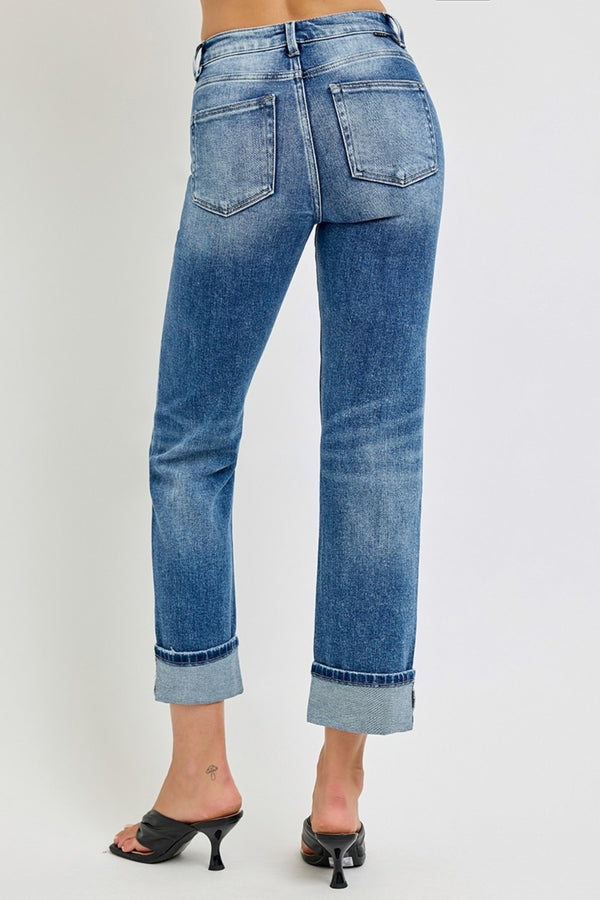 RISEN Full Size High Rise Crop Straight Roll Up Jeans - 1985 the VAULT Boutique