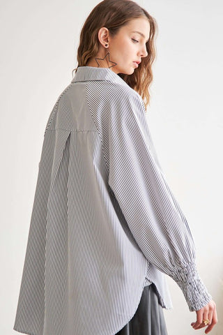 ADORA High-Low Striped Button Down Smocked Lantern Sleeve Shirt - 1985 the VAULT Boutique