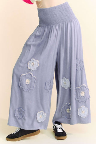 Davi & Dani Smocked Waist Flower Patch Wide Leg Pants - 1985 the VAULT Boutique