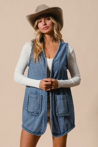 BiBi Braided Trim Open Front Denim Vest with Pockets - 1985 the VAULT Boutique