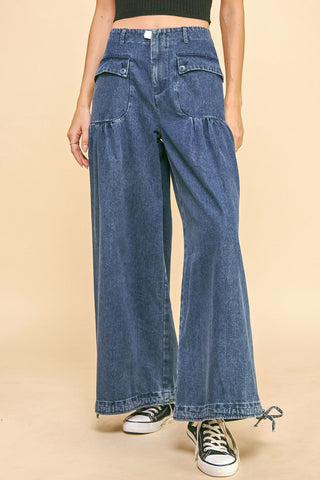 Davi & Dani Drawstring Hem Wide Leg Mid Rise Jeans - 1985 the VAULT Boutique