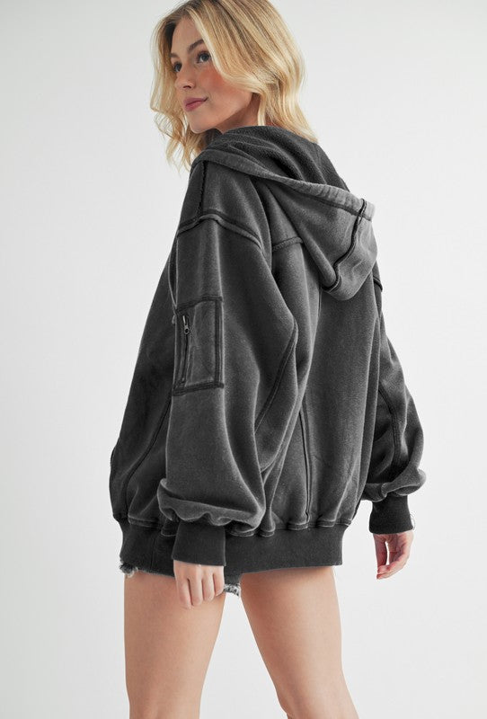 Aemi+Co Exposed Seam Zip Up Drawstring Hooded Jacket - 1985 the VAULT Boutique