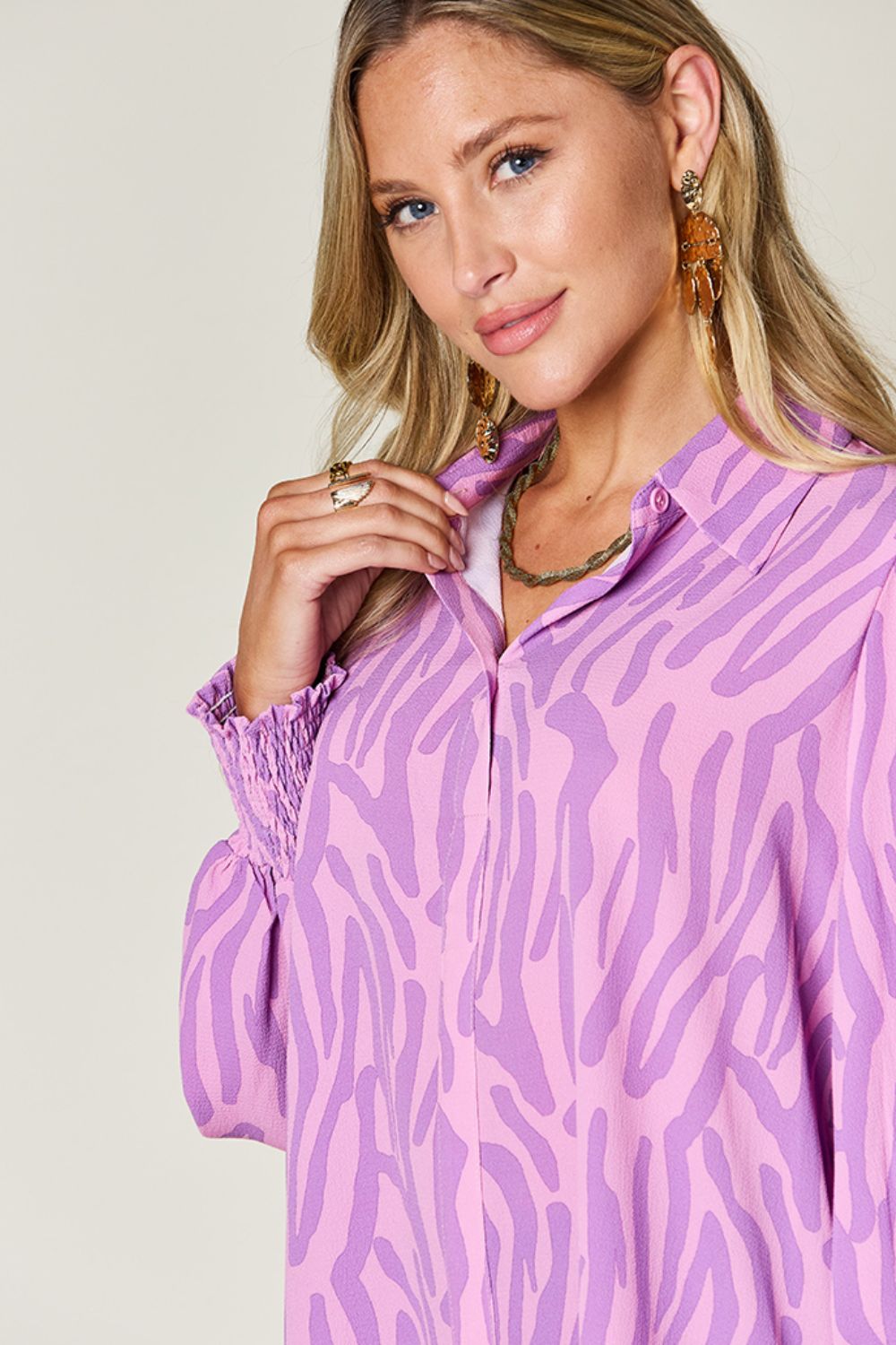 Double Take Full Size Printed Smocked Long Sleeve Blouse - 1985 the VAULT Boutique