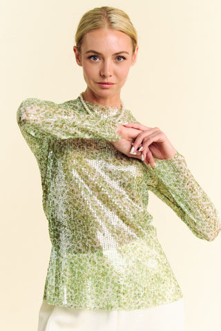 Davi & Dani Sequin Mock Neck Long Sleeve Mesh Top - 1985 the VAULT Boutique