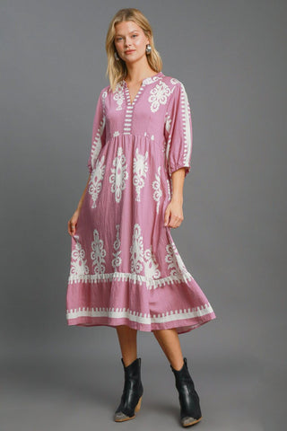 Umgee Printed Notched Midi Dress - 1985 the VAULT Boutique