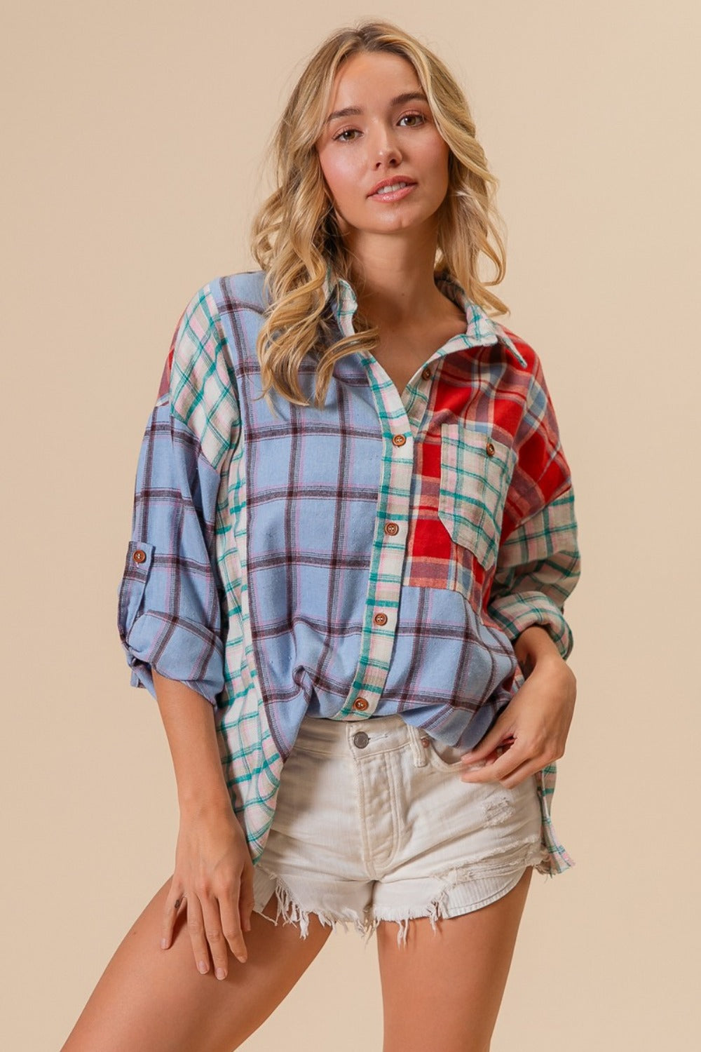 BiBi Color Block Plaid Button Down Shirt - 1985 the VAULT Boutique