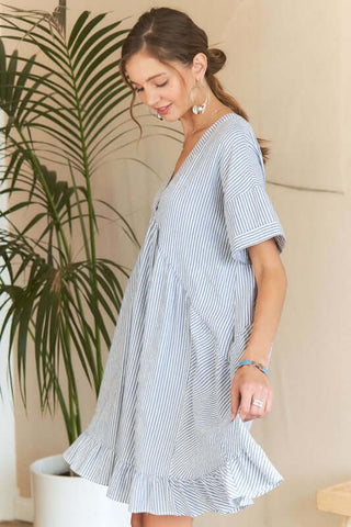 ADORA Ruffled Hem Striped V-Neck Babydoll Dress - 1985 the VAULT Boutique