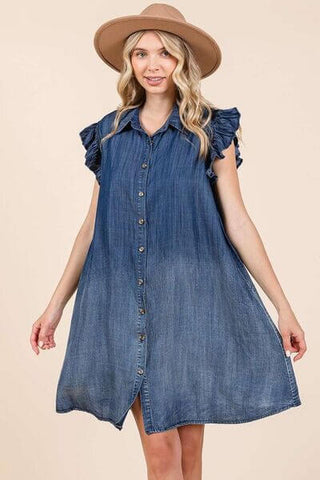 Mittoshop Washed Chambray Ruffle Sleeve Buttoned Mini Dress - 1985 the VAULT Boutique