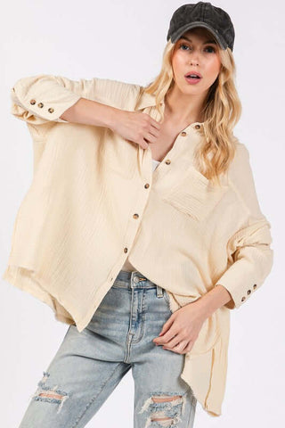 SAGE + FIG Frayed Hem Side Slit Button Down Shirt - 1985 the VAULT Boutique