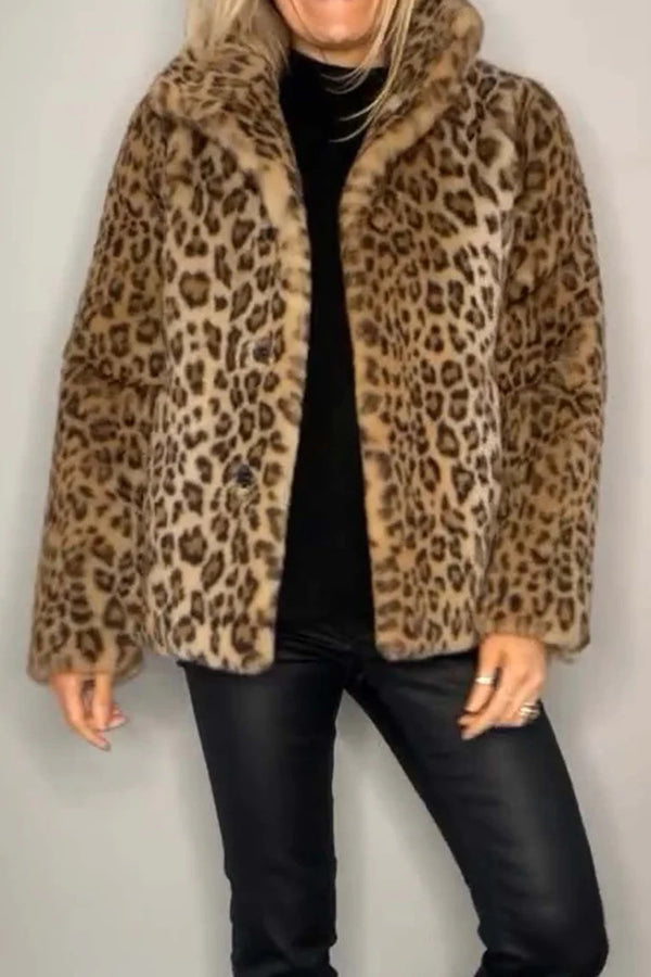 Full Size Leopard Furry Collared Neck Long Sleeve Coat - 1985 the VAULT Boutique