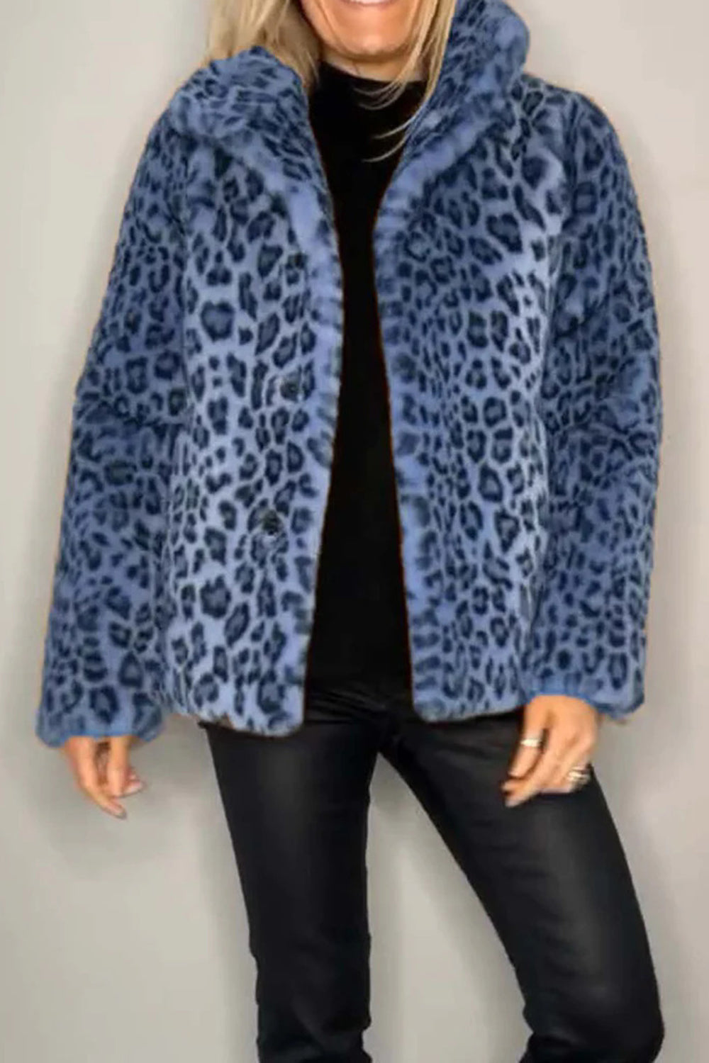 Full Size Leopard Furry Collared Neck Long Sleeve Coat - 1985 the VAULT Boutique