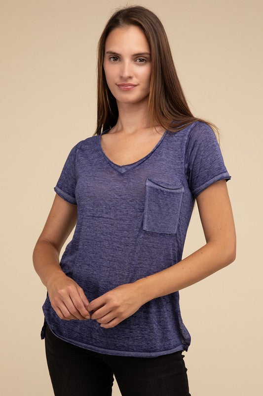 Basic Washed Melange Burnout Scoop V-Neck Top - 1985 the VAULT Boutique