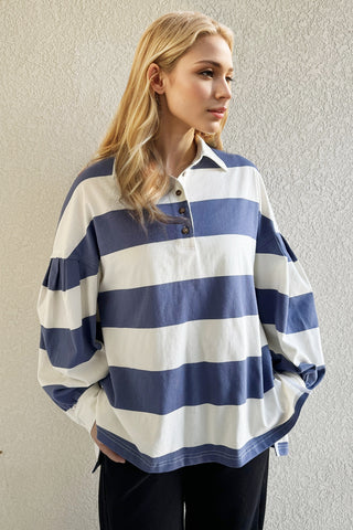 Oh Wide Striped Collared Neck Long Sleeve Top - 1985 the VAULT Boutique