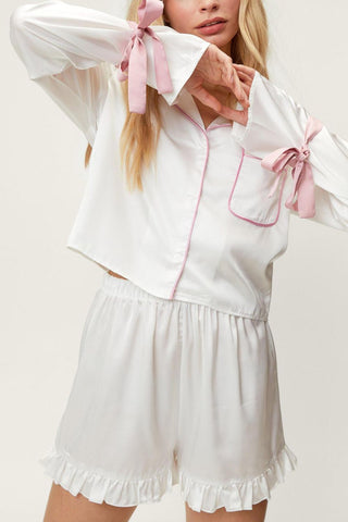 Basic Bae Tied Cuff Collared Neck Top and Frill Shorts Lounge Set - 1985 the VAULT Boutique